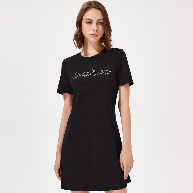 

Cartoon Dinosaur Graphic Dress, Black