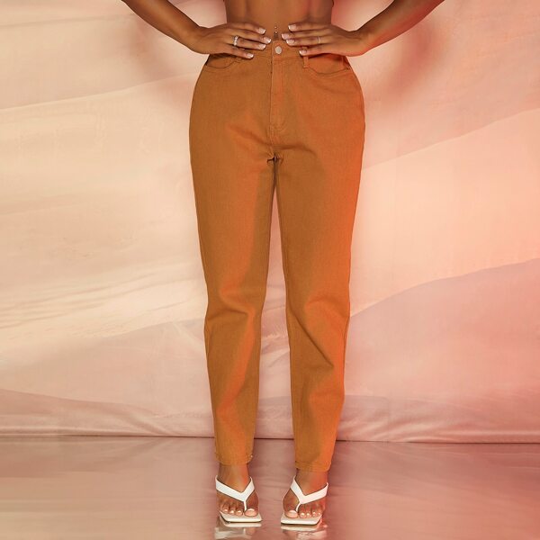 

High Waist Solid Mom Jeans, Brown