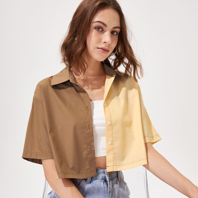 

Two Tone Button Front Crop Blouse, Multicolor