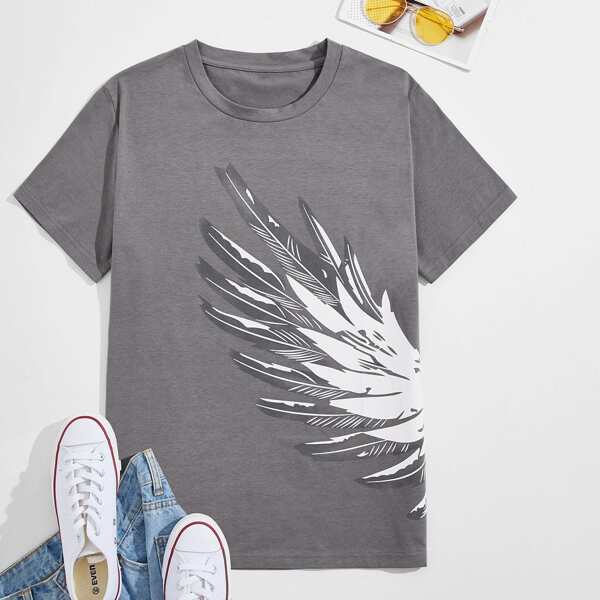 

Men Wings Print Short Sleeve Tee, Grey