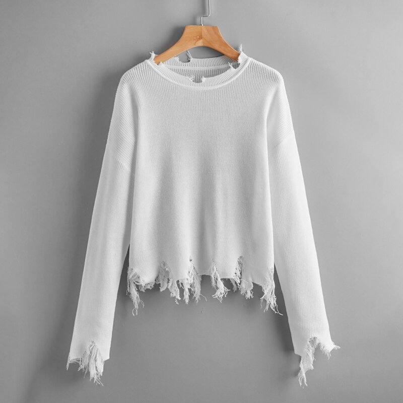 

Solid Distressed Sweater, White