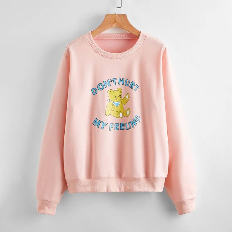 

Letter Cartoon Bear Graphic Sweatshirt, Coral pink