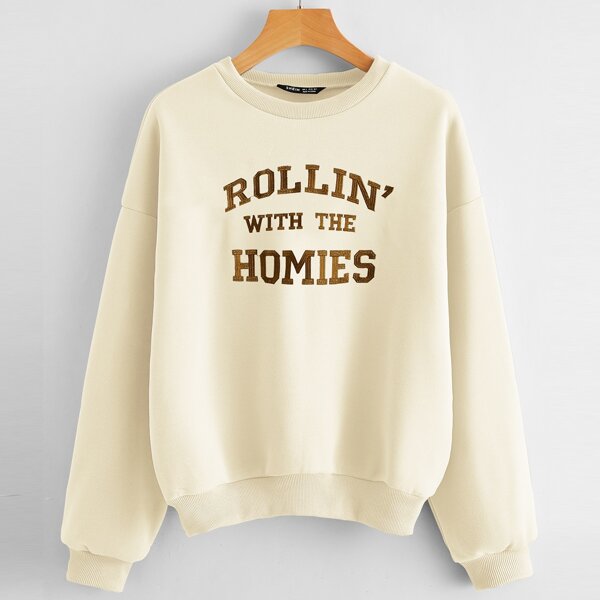 

Drop Shoulder Slogan Graphic Thermal Sweatshirt, Apricot