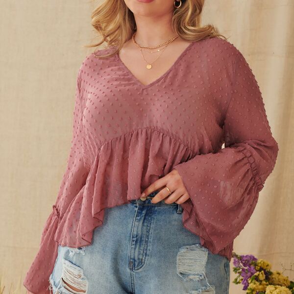 

Plus Swiss Dot Ruffle Hem V Neck Blouse, Pink