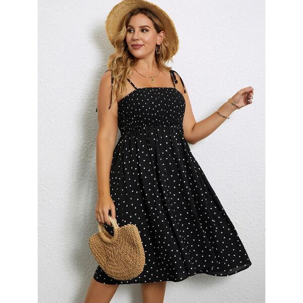 

Plus Heart Print Shirred Knot Shoulder Cami Dress, Black