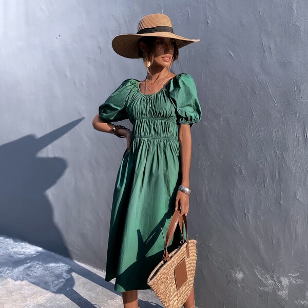 

Solid Smocked Bodice Dress, Green