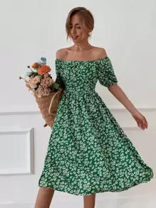 Ditsy Floral Bardot Dress - Green - View 1
