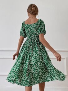 Ditsy Floral Bardot Dress - Green - View 2