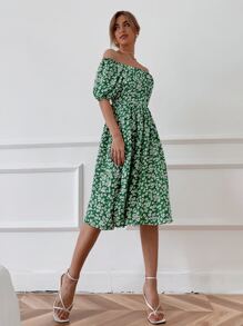 Ditsy Floral Bardot Dress - Green - View 3