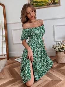 Ditsy Floral Bardot Dress - Green - View 4