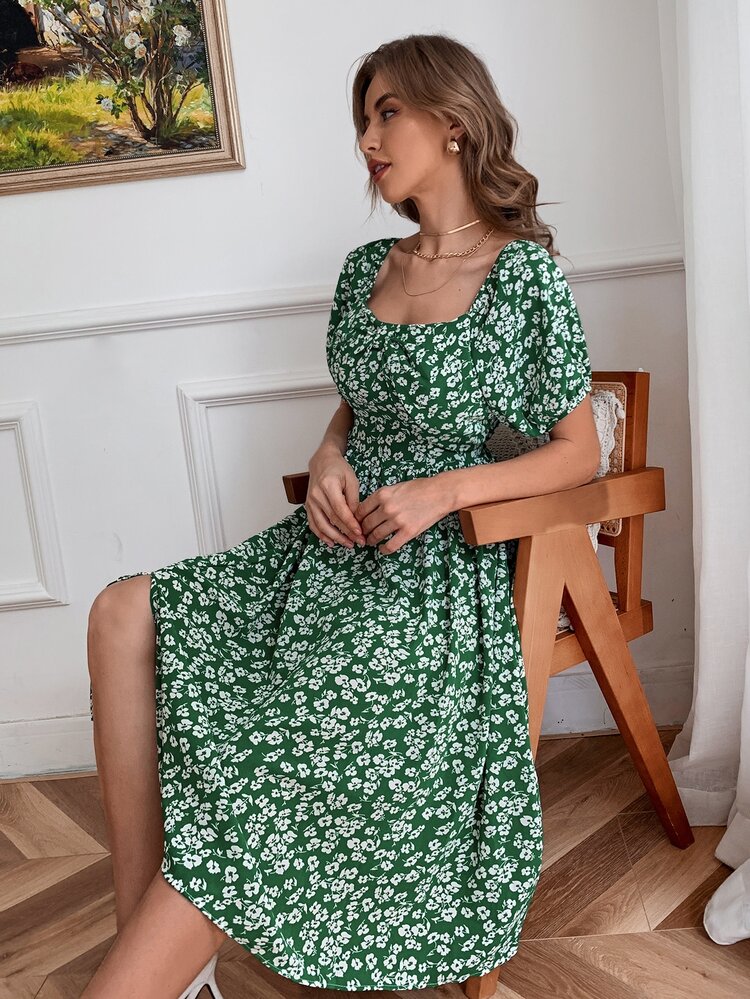 Ditsy Floral Bardot Dress - Green - View 5