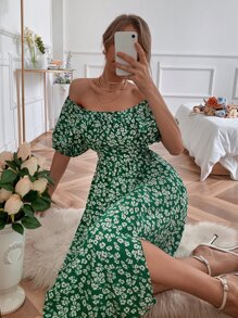 Ditsy Floral Bardot Dress - Green - View 6
