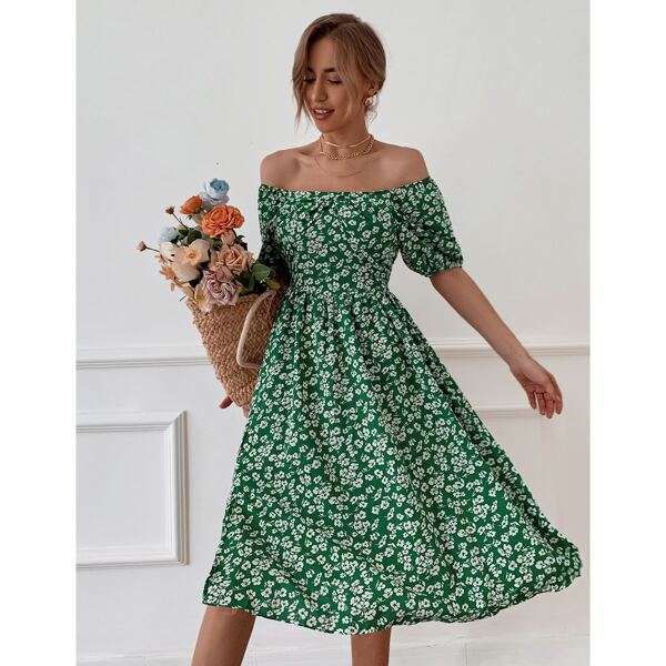 

Ditsy Floral Bardot Dress, Green