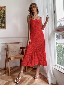 SHEIN Unity Ditsy Floral Backless Cami Dress - Red - View 3