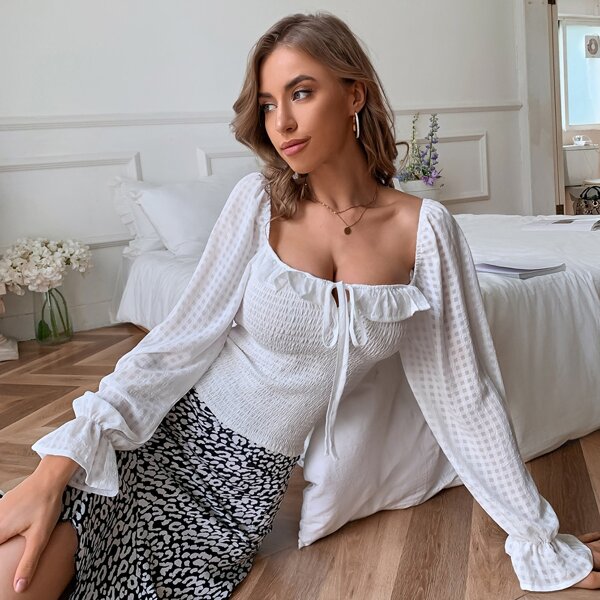 

Tie Neck Flounce Sleeve Shirred Milkmaid Blouse, White
