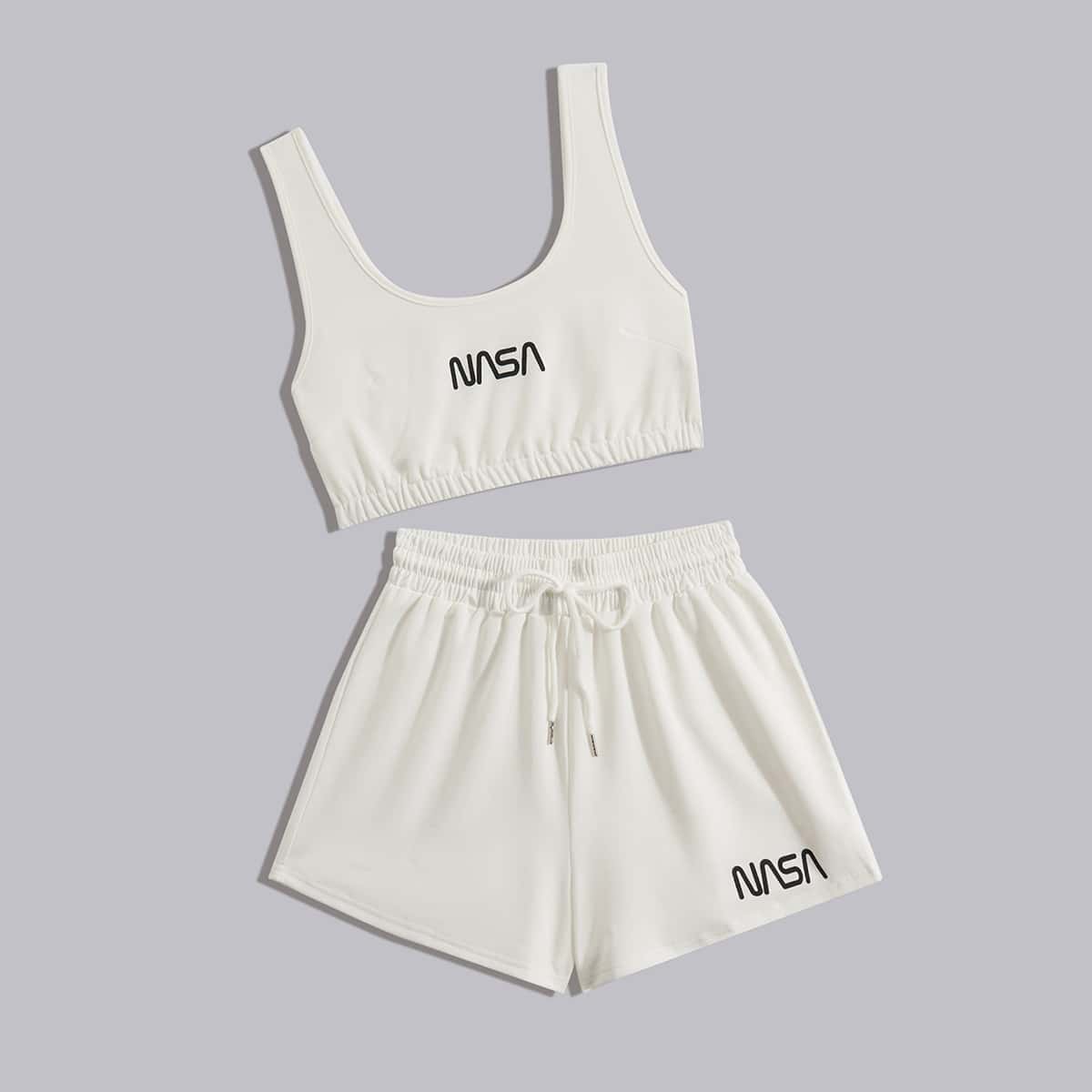 

Letter Crop Tank Top & Drawstring Shorts, White