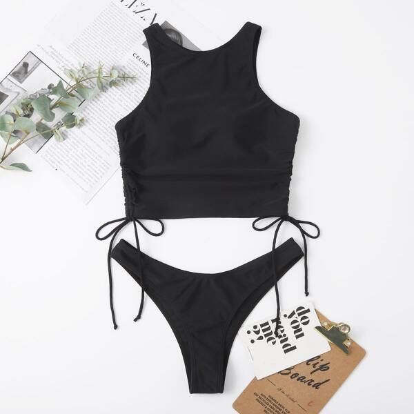 

Solid Drawstring Side High Cut Bikini Swimsuit, Black