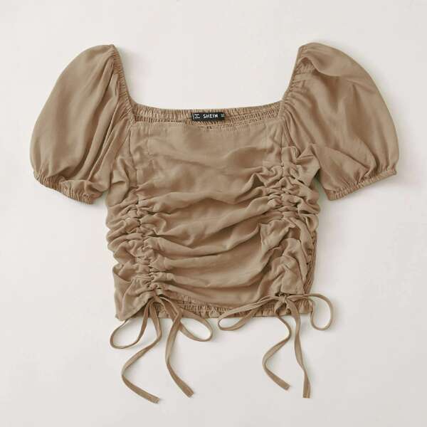 

Shirred Back Drawstring Ruched Crop Top, Khaki
