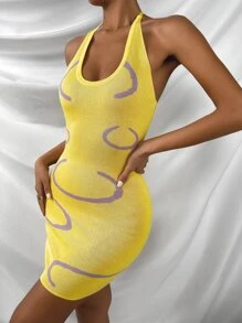 Graphic Pattern Tie Back Halter Jumper Dress - Yellow - View 3