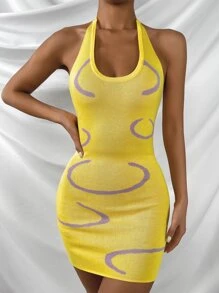 Graphic Pattern Tie Back Halter Jumper Dress - Yellow - View 4