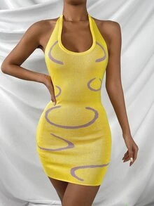 Graphic Pattern Tie Back Halter Jumper Dress - Yellow - View 5