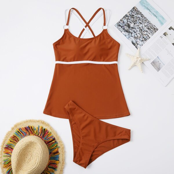 

Criss Cross Back Ring Linked Bikini Swimsuit, Rust brown