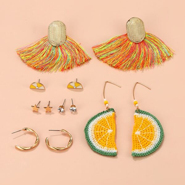 

6pairs Tassel & Rhinestone Decor Earrings, Multicolor