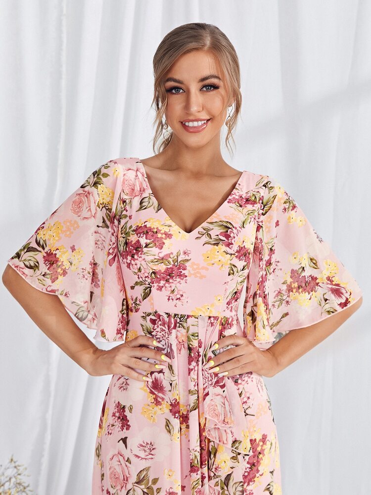 Allover Floral Print Ruffle Detail Split Thigh Dress