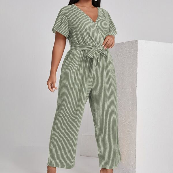 

Plus Striped Wrap Belted Wide Leg Jumpsuit, Mint green