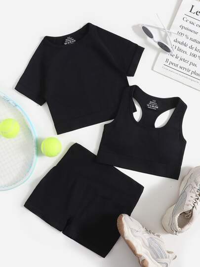 3pcs Seamless Yoga Set Sports Suit Racer Back Sports Bra Round Neck Crop Tee Wide Waistband Shorts