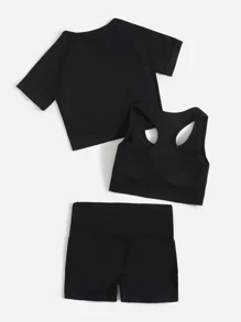 Easithlete 3入組無縫瑜伽套裝運動套裝工字運動型文胸圓領短款T恤寬腰帶短褲 - 黑色 - 查看 2