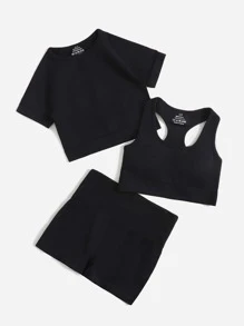 Easithlete 3入組無縫瑜伽套裝運動套裝工字運動型文胸圓領短款T恤寬腰帶短褲 - 黑色 - 查看 5