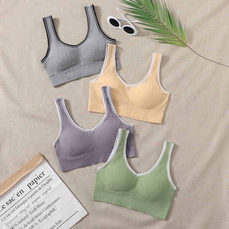 

4pcs Medium Support Seamless Contrast Binding Sports Bra, Multicolor