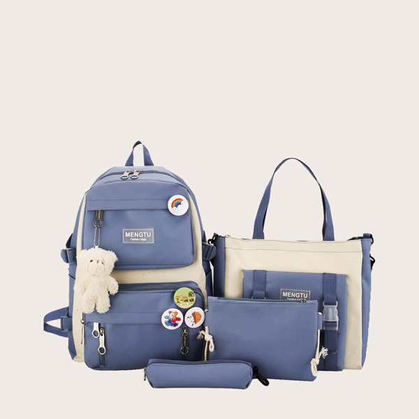 

4pcs Girls Colorblock Pattern Bag Set, Blue