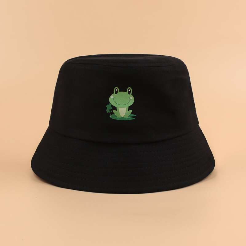 

Cartoon Frog Print Bucket Hat, Black