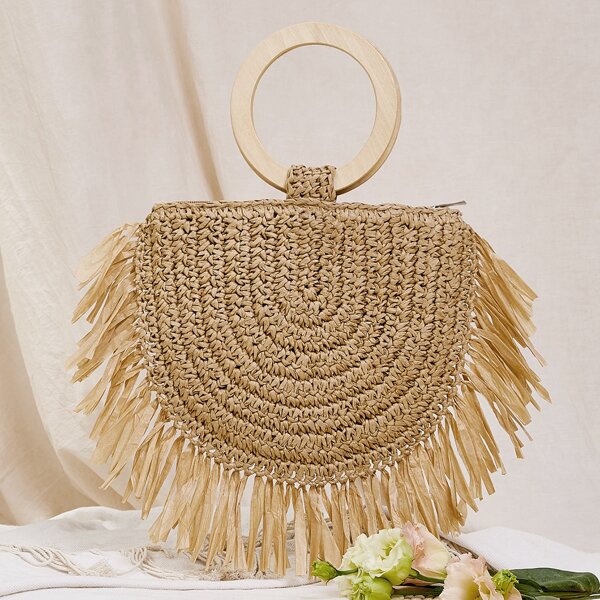 

Fringe Decor Straw Top Handle Bag, Brown