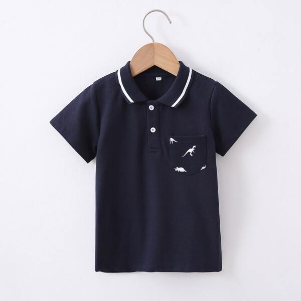 

Toddler Boys Cartoon Dinosaur Print Polo Shirt, Navy blue