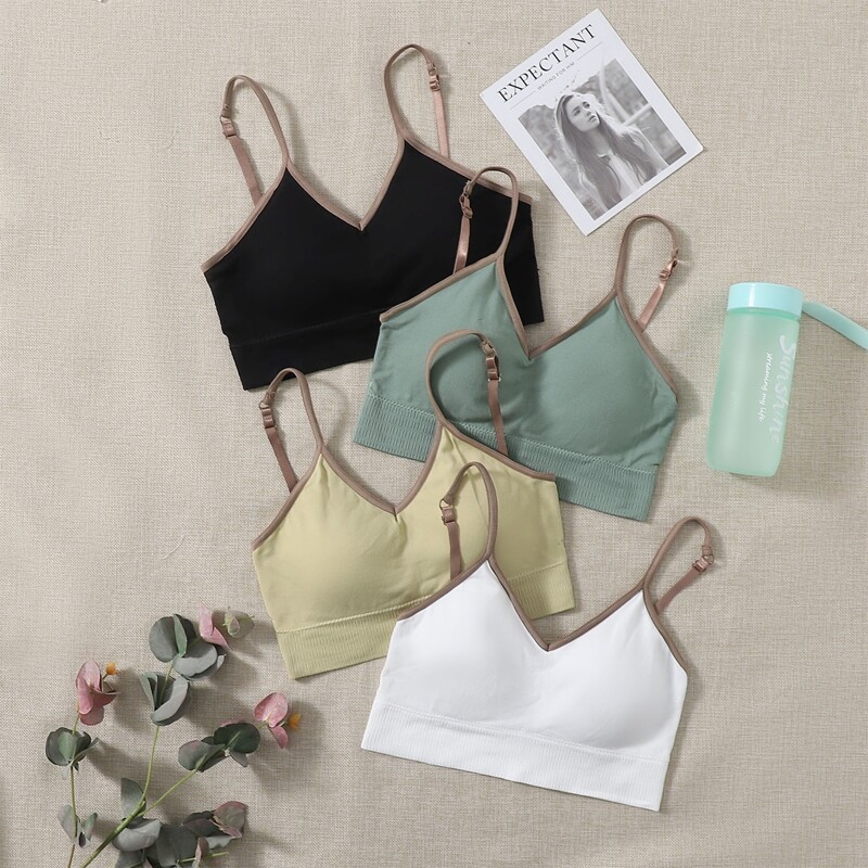 

4pcs Solid Contrast Binding Sports Bra Set, Multicolor