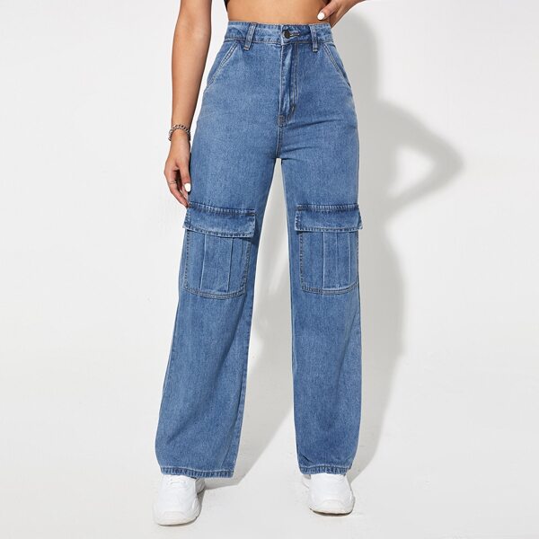 

High Waisted Flap Pocket Cargo Jeans, Medium wash