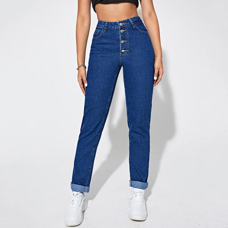 

High Waisted Button Fly Jeans, Medium wash