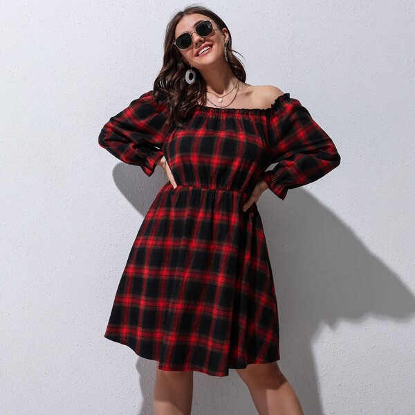 

Plus Plaid Flounce Sleeve Frill Trim A-line Dress, Multicolor