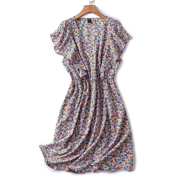 

Plus Ditsy Floral Print V-neck Ruffle Trim Dress, Multicolor
