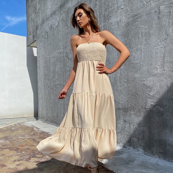 

Shirred Bodice Flounce Hem Tube Dress, Apricot