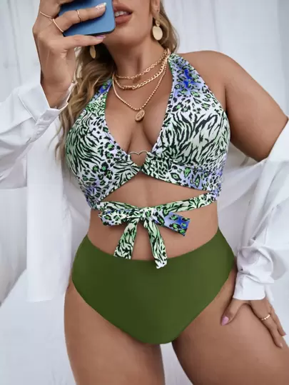 大码豹纹环扣吊带比基尼套装夏季海滩