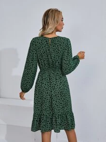 SHEIN Clasi Dalmatian Print Ruffle Hem Dress - Dark Green - View 2