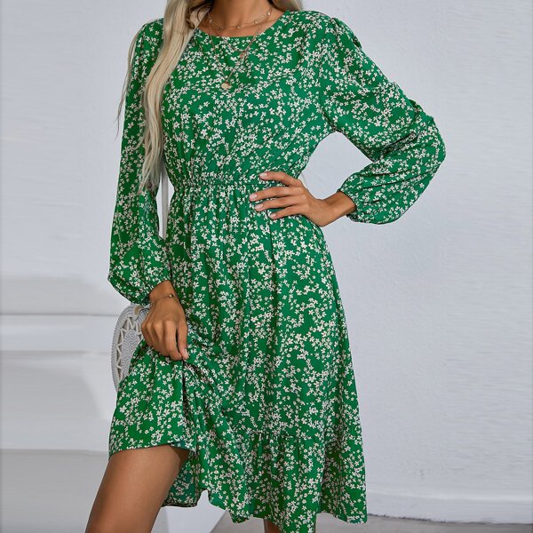 

Ditsy Floral Ruffle Hem A-line Dress, Green