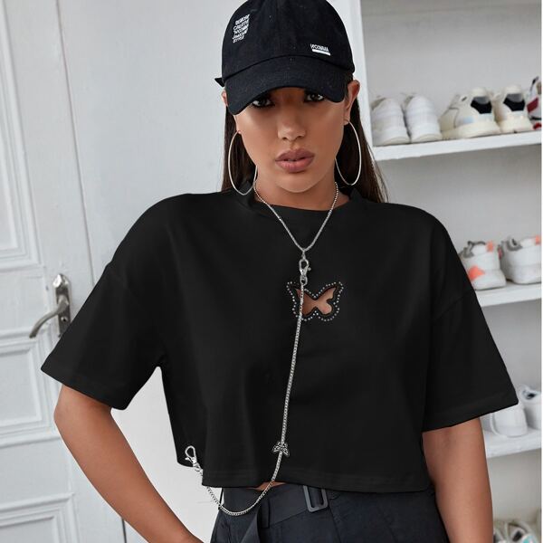 

Rhinestone Detail Butterfly Cutout Tee, Black