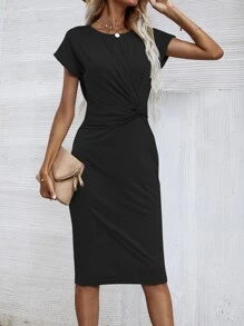 Vestido Sólido Ajustado Con Delantero Retorcido - Negro - Ver 1