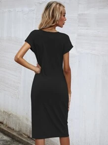 Vestido Sólido Ajustado Con Delantero Retorcido - Negro - Ver 2