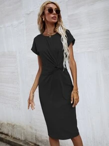 Vestido Sólido Ajustado Con Delantero Retorcido - Negro - Ver 3